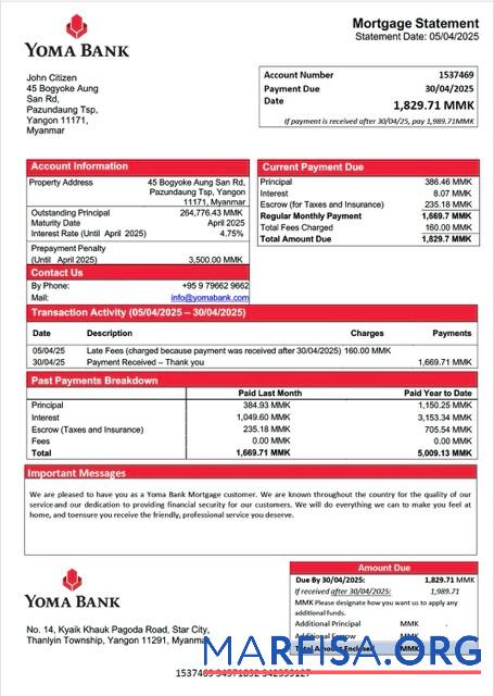 Downloadable Myanmar Yoma Bank mortgage statement Word and PDF template